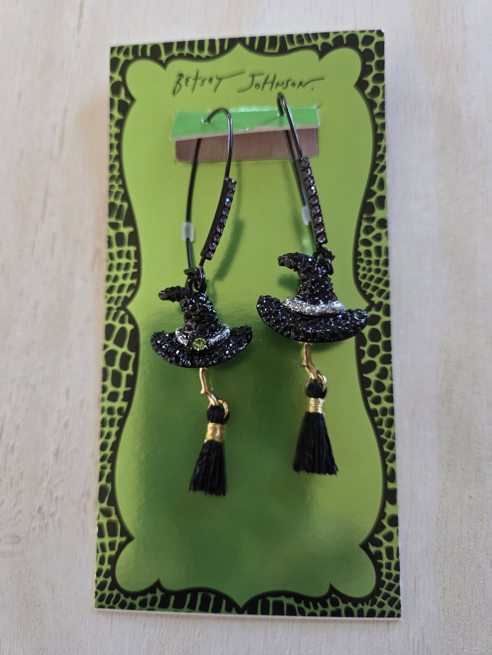 Betsey Johnson Black Glitter Witch Hat Tassel Hoop Earrings
